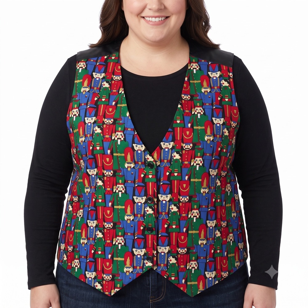 Nutcracker Womens 24W Plus Christmas Vest Toy Soldier Print Button Front V-Neck